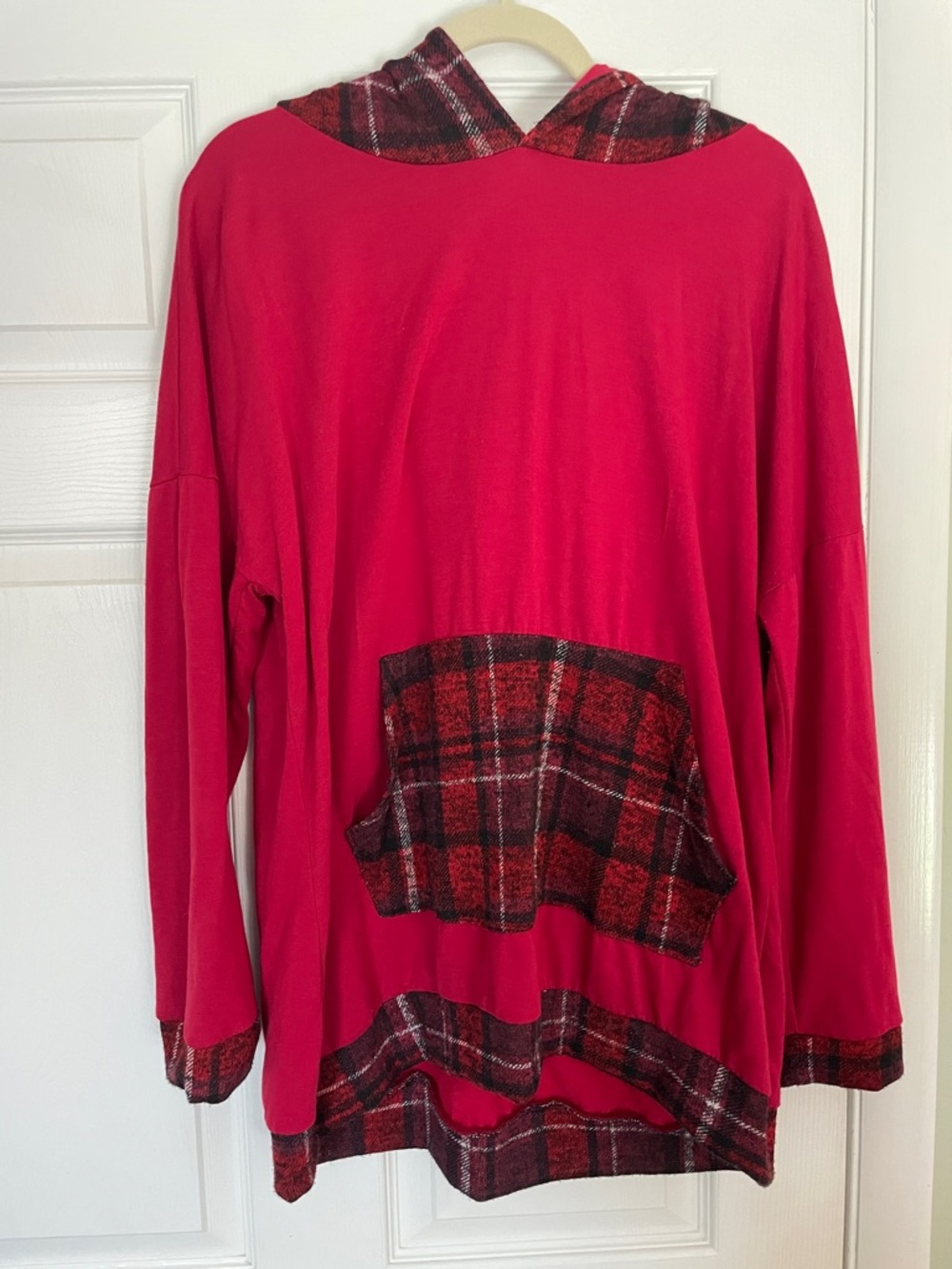 Blumin Red Hooded Plaid-Trim Tunic Sweatshirt